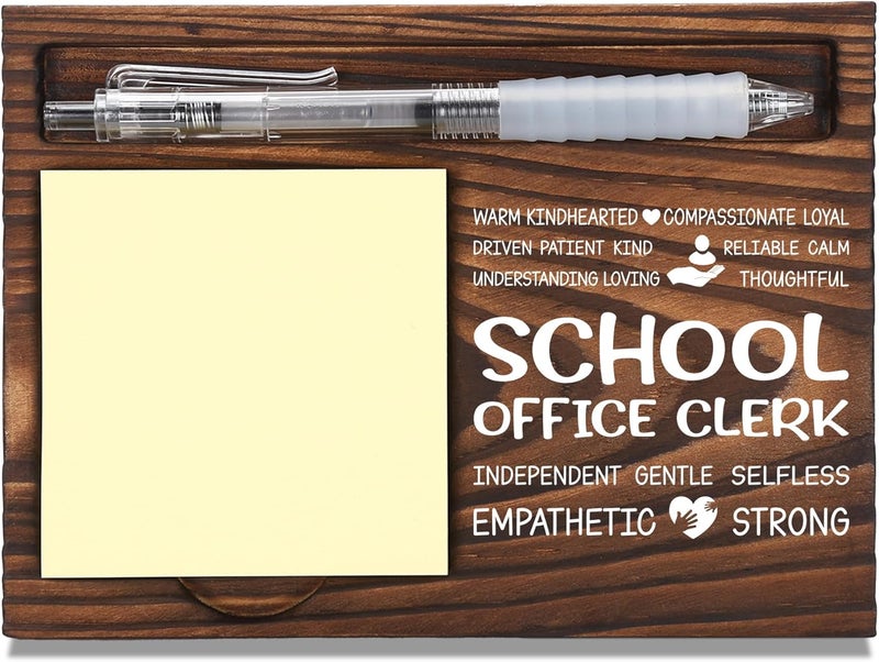 FTONENI School Office Clerk Appreciation Gifts, Thank You Gift for School Clerk, Secretary Office Staff Appreciation Gifts, Sticky Note Holder Wooden Notepad & Pen Holder 6.5" x 4.7" - FTA252 - Image 1